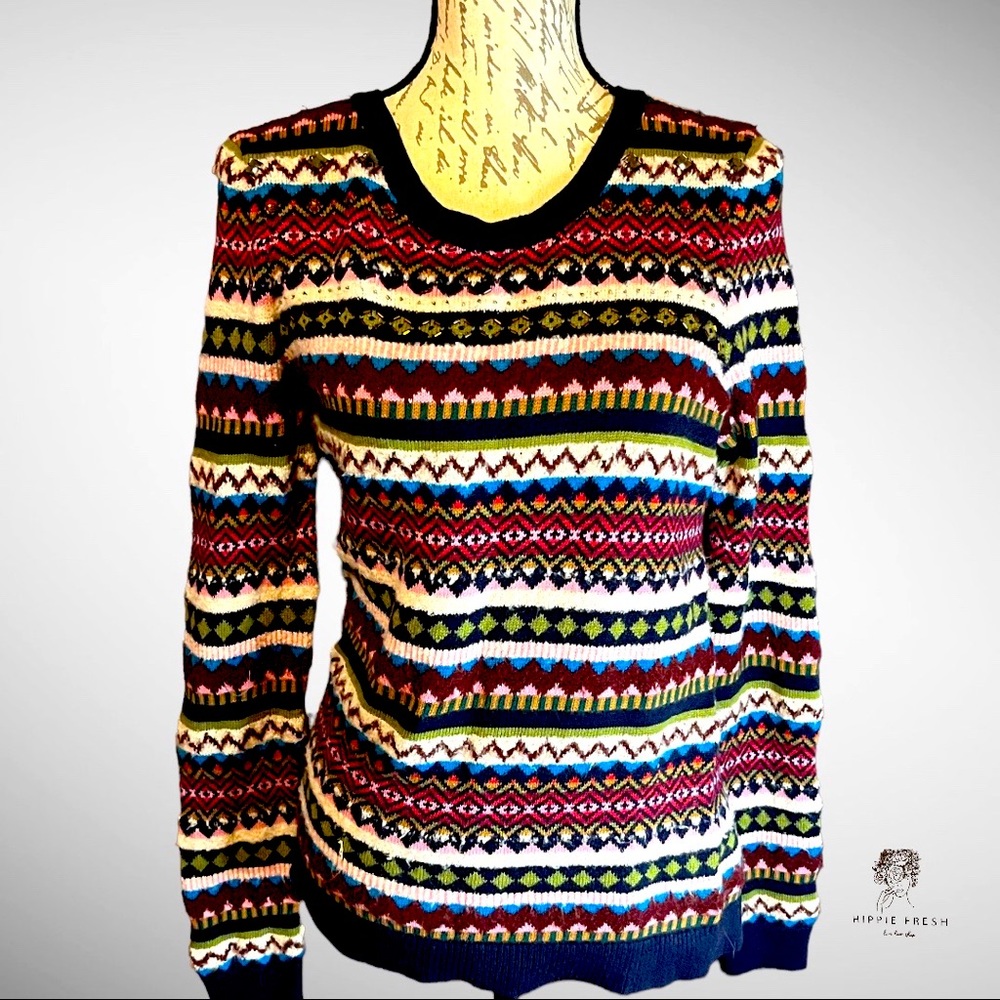 Talbots Women’s Fair Isle Embellished Multicolored Wool Blend Sweater Size S